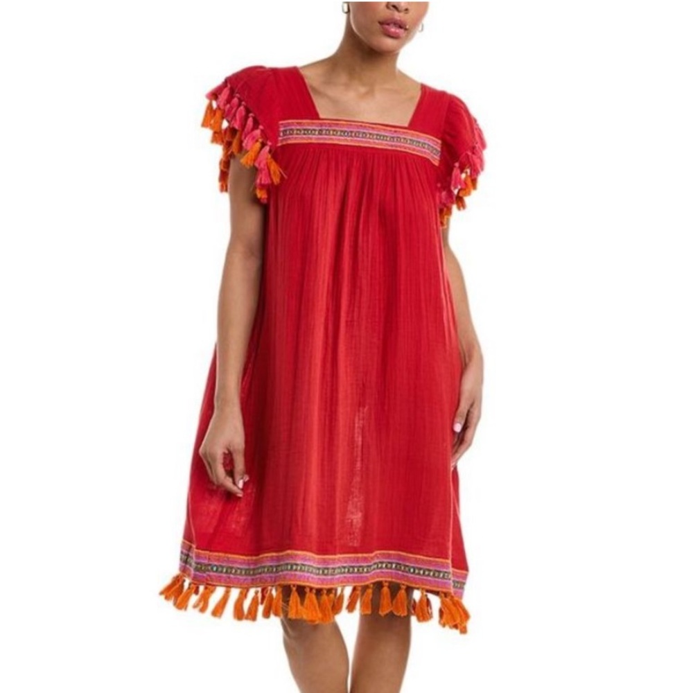 Mer St. Barth Red Gauzy Pom Pom Trim Sandrine Tassels Cover Up Dress Size M